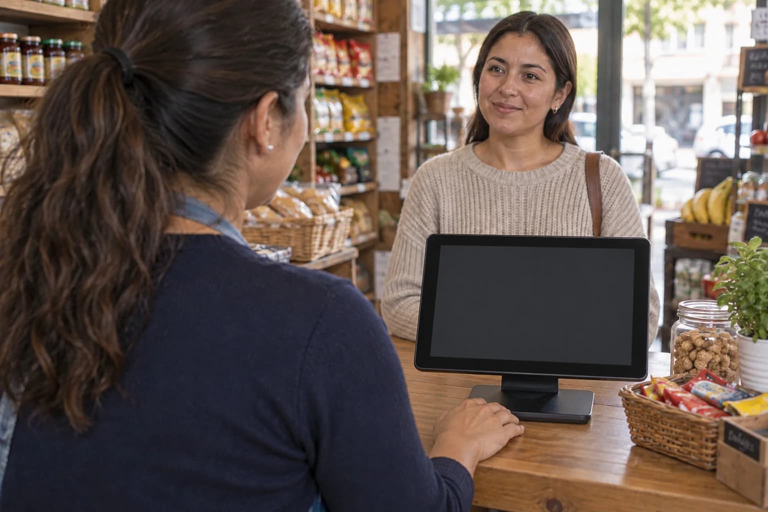 Escena ilustrativa desde detrás de una persona que usa AgilShop POS para atender en su comercio