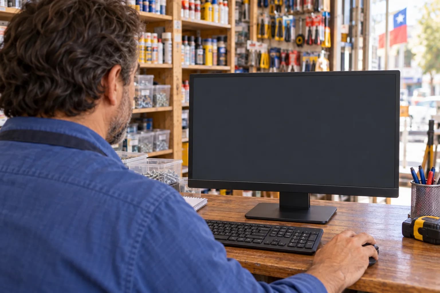 Escena ilustrativa sobre el hombro de una persona que consulta AgilShop en su ferretería, con el monitor orientado hacia ella