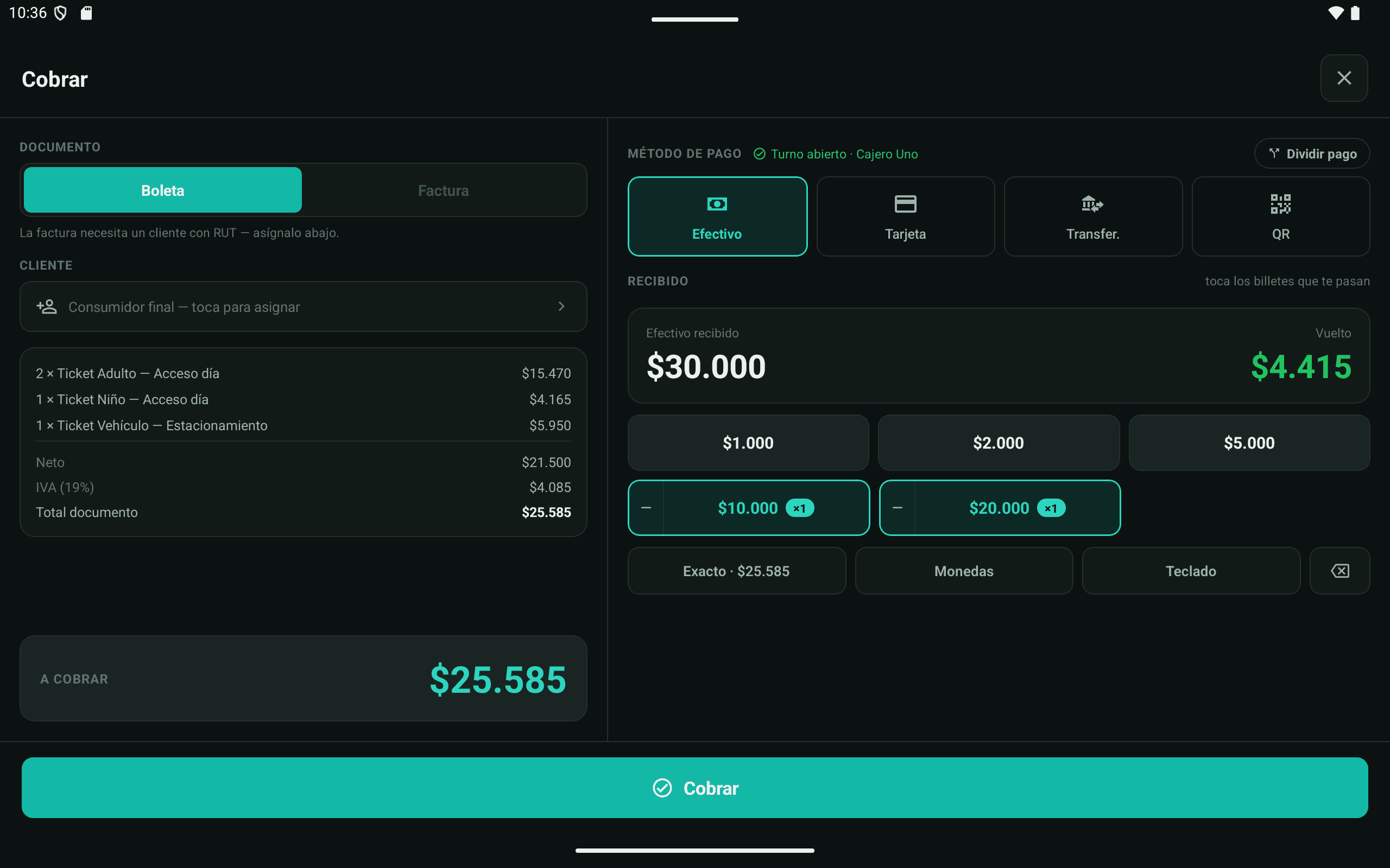 Pantalla real de cobro de AgilShop POS en Android, con selección de pago y cálculo de vuelto